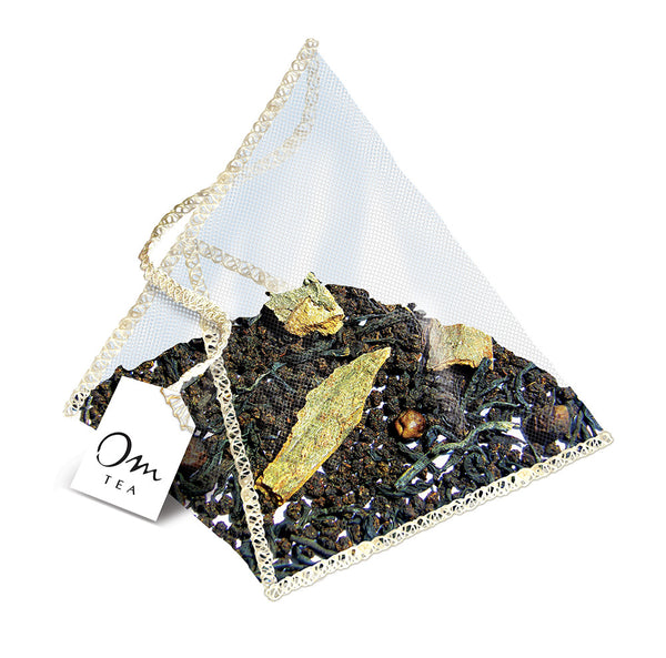 Om Tea Hot Cinnamon Spice Tea Chai Latte Premium Quality Chai Teas In Handcrafted Pyramid Tea Sachets Pyramid Tea Bags Organic Cotton Thread Natural Ingredients Box 70% Recycled Paper Non-Toxic Soy Ink