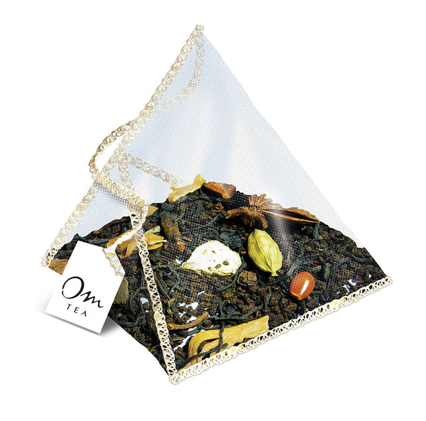 Om Tea Traditional Chai Latte Chai Tea Latte Premium Quality Chai Teas In Handcrafted Pyramid Tea Sachets Pyramid Tea Bags Organic Cotton Thread Natural Ingredients Box 70% Recycled Paper Non-Toxic Soy Ink