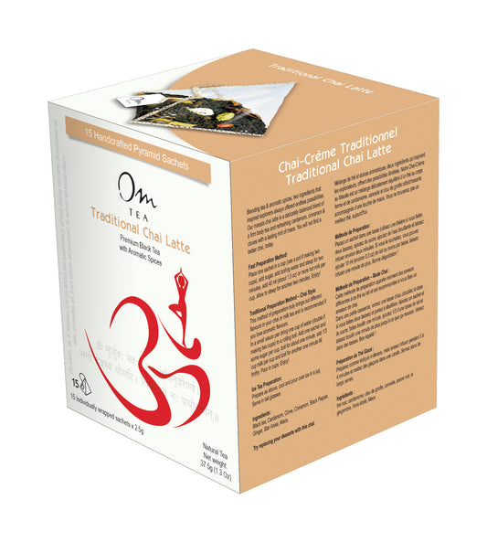 Om Tea Traditional Chai Latte Chai Tea Latte Premium Quality Chai Teas In Handcrafted Pyramid Tea Sachets Pyramid Tea Bags Organic Cotton Thread Natural Ingredients Box 70% Recycled Paper Non-Toxic Soy Ink