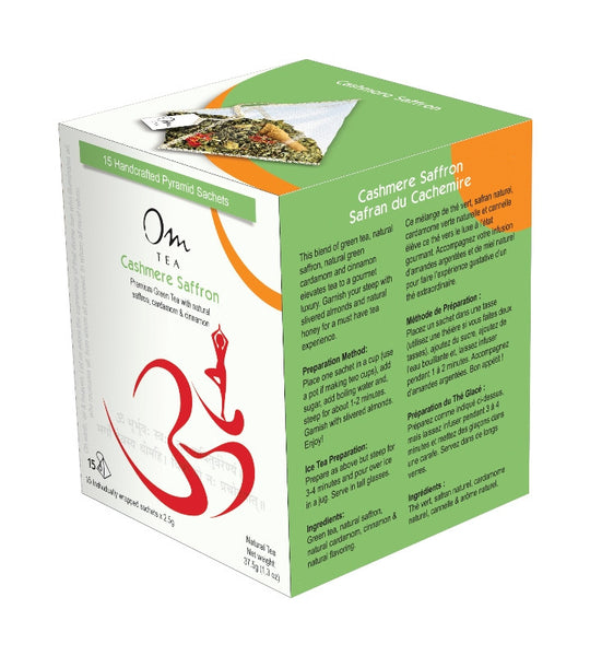Om Tea Cashmere Saffron Chai Latte Premium Quality Chai Teas In Handcrafted Pyramid Tea Sachets Pyramid Tea Bags Organic Cotton Thread Natural Ingredients Box 70% Recycled Paper Non-Toxic Soy Ink