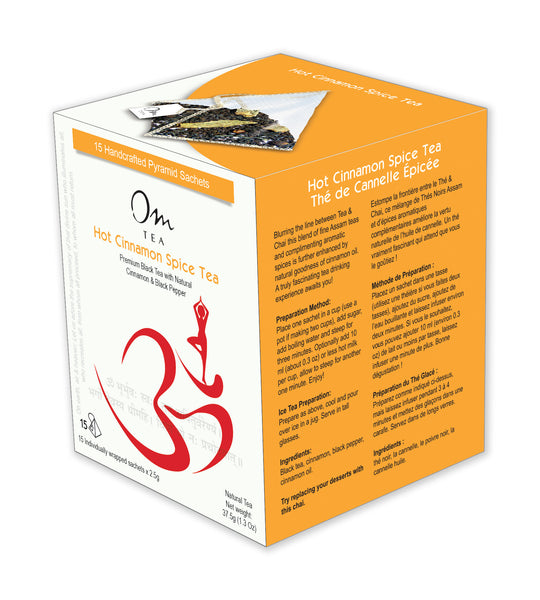 Om Tea Hot Cinnamon Spice Tea Chai Latte Premium Quality Chai Teas In Handcrafted Pyramid Tea Sachets Pyramid Tea Bags Organic Cotton Thread Natural Ingredients Box 70% Recycled Paper Non-Toxic Soy Ink
