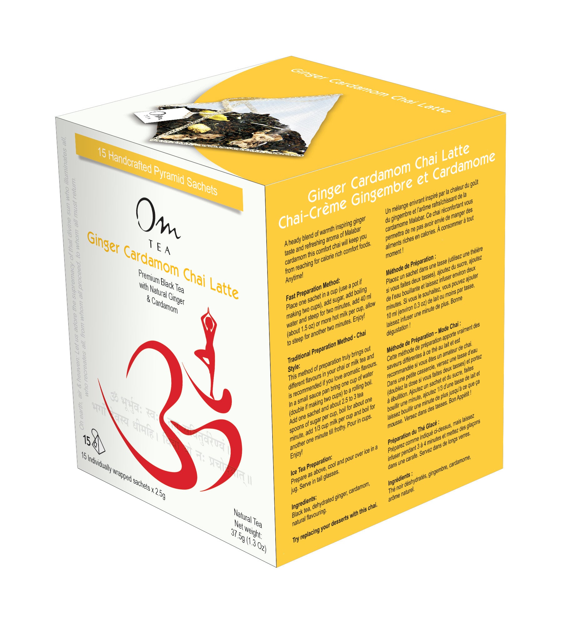 Om Tea Ginger Cardamom Chai Latte Premium Quality Chai Teas In Handcrafted Pyramid Tea Sachets Pyramid Tea Bags Organic Cotton Thread Natural Ingredients Box 70% Recycled Paper Non-Toxic Soy Ink