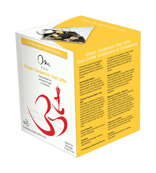 Om Tea Ginger Cardamom Chai Latte Premium Quality Chai Teas In Handcrafted Pyramid Tea Sachets Pyramid Tea Bags Organic Cotton Thread Natural Ingredients Box 70% Recycled Paper Non-Toxic Soy Ink