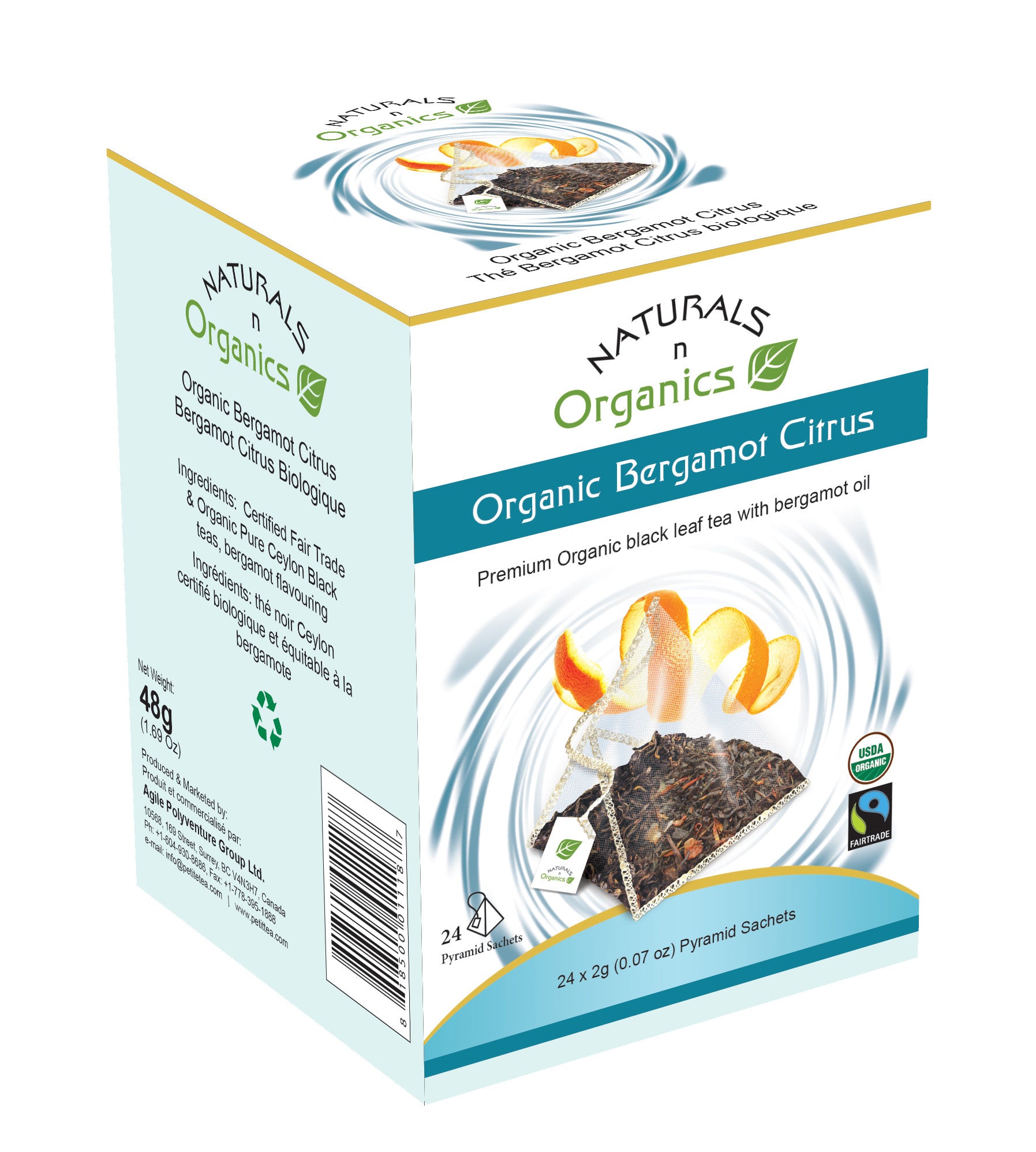 NNO Organic Bergamot Citrus Tea Earl Grey Tea Pyramid Sachets USDA Certified Organic Premium Black Leaf Tea With Bergamot Oil Fairtrade Certified Tea Fair Trade Tea Naturals n Organics Petit Tea