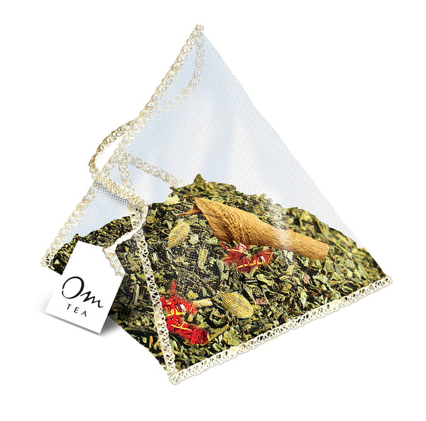 Om Tea Cashmere Saffron Chai Latte Premium Quality Chai Teas In Handcrafted Pyramid Tea Sachets Pyramid Tea Bags Organic Cotton Thread Natural Ingredients Box 70% Recycled Paper Non-Toxic Soy Ink