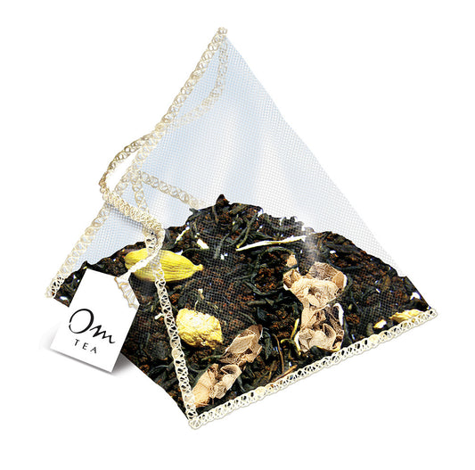 Om Tea Ginger Cardamom Chai Latte Premium Quality Chai Teas In Handcrafted Pyramid Tea Sachets Pyramid Tea Bags Organic Cotton Thread Natural Ingredients Box 70% Recycled Paper Non-Toxic Soy Ink